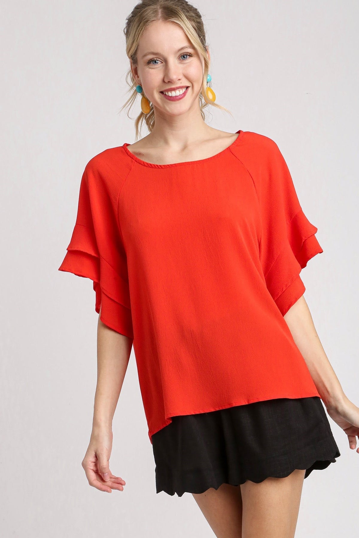Boxy Layered Ruffle Sleeve Top | Orange Red