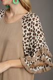 Leopard Linen Tiered Sleeve Tunic Top | Latte