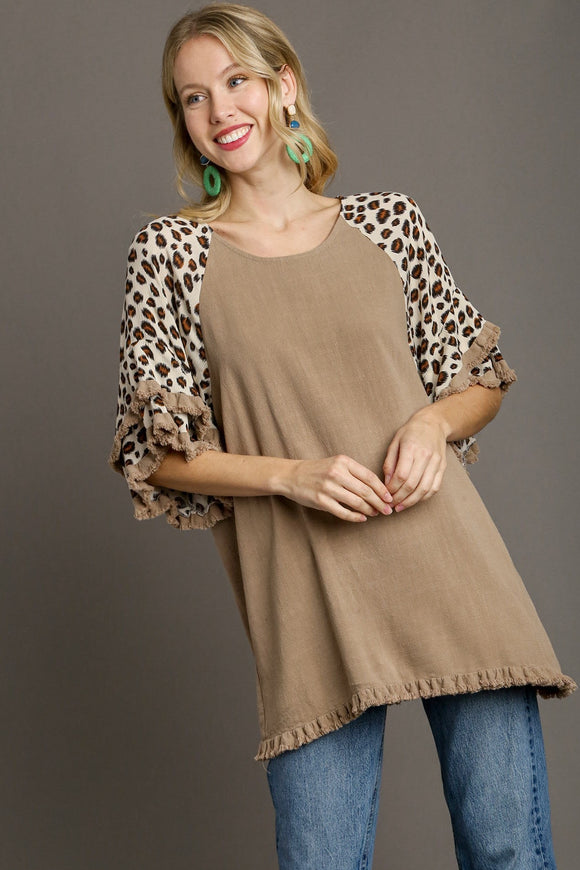 Leopard Linen Tiered Sleeve Tunic Top | Latte