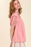 Split Neck Puff Sleeve Top | Pink