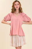 Split Neck Puff Sleeve Top | Pink