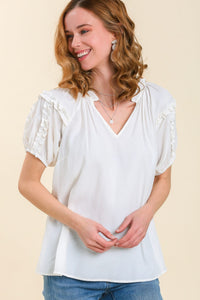 Split Neck Puff Sleeve Top | Off White