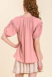 Split Neck Puff Sleeve Top | Pink