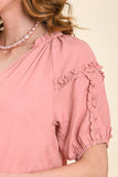 Split Neck Puff Sleeve Top | Pink