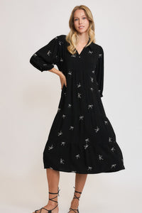 Tiered Linen Ribbon Embroidered Dress | Black