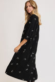 Tiered Linen Ribbon Embroidered Dress | Black