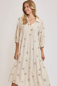 Tiered Linen Ribbon Embroidered Dress | Oatmeal