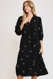 Tiered Linen Ribbon Embroidered Dress | Black