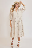 Tiered Linen Ribbon Embroidered Dress | Oatmeal