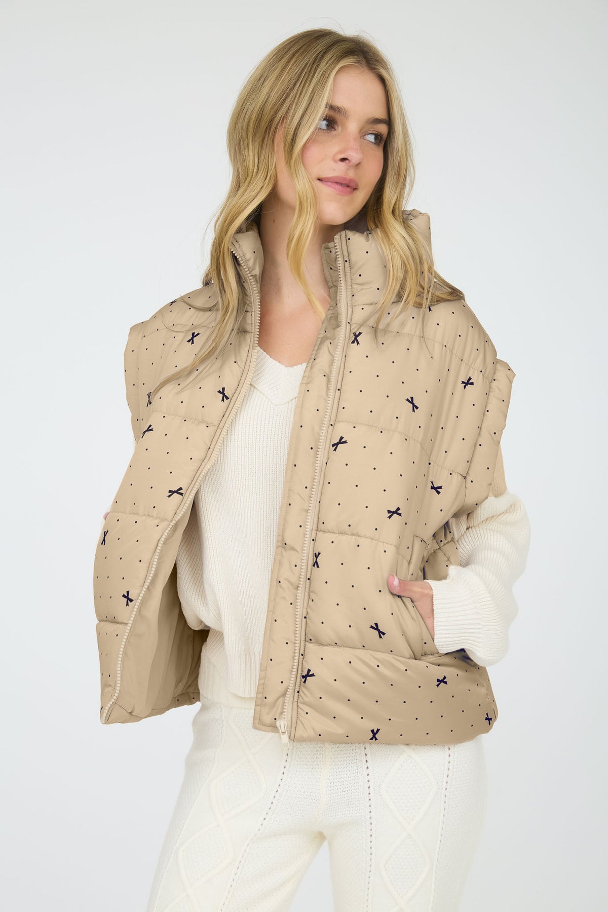 Polka Dot + Bow Puffer Vest | Khaki