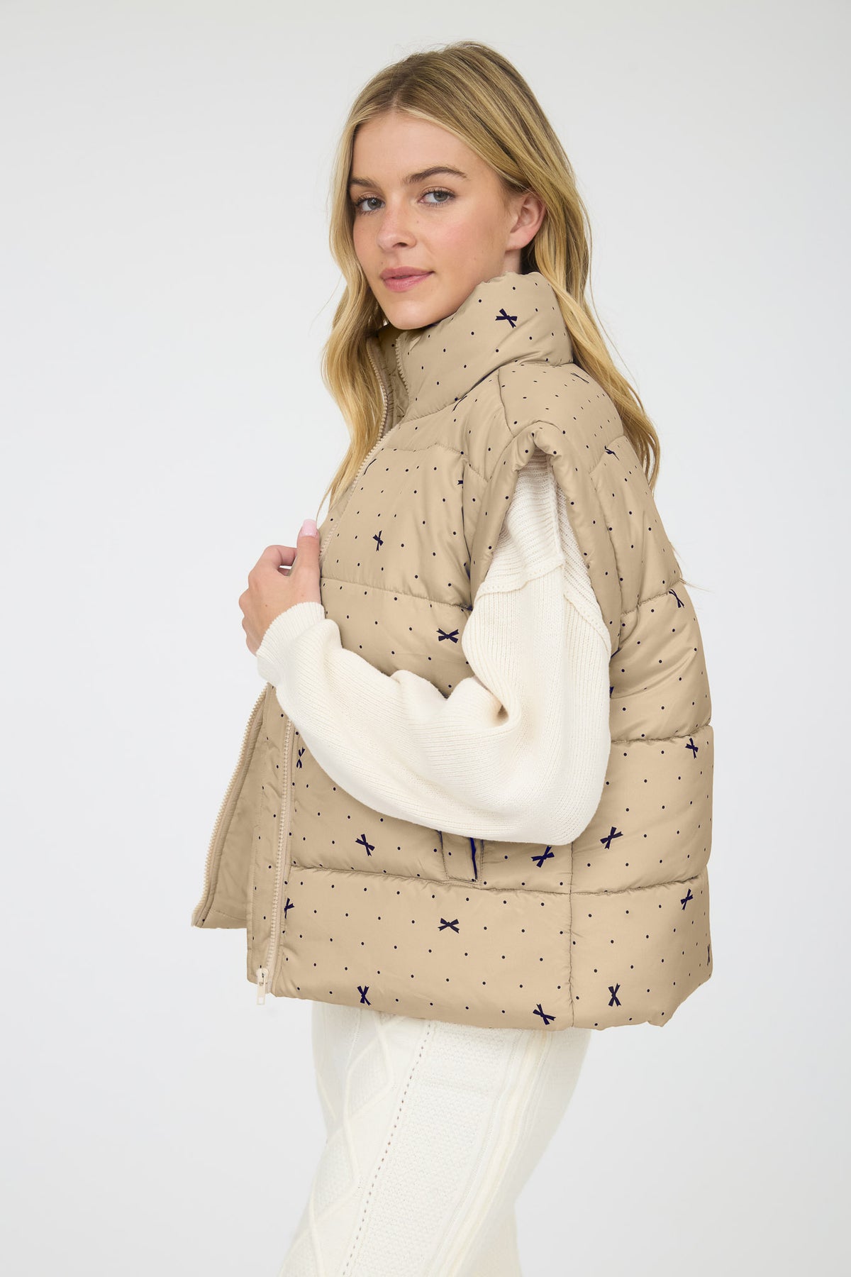 Polka Dot + Bow Puffer Vest | Khaki