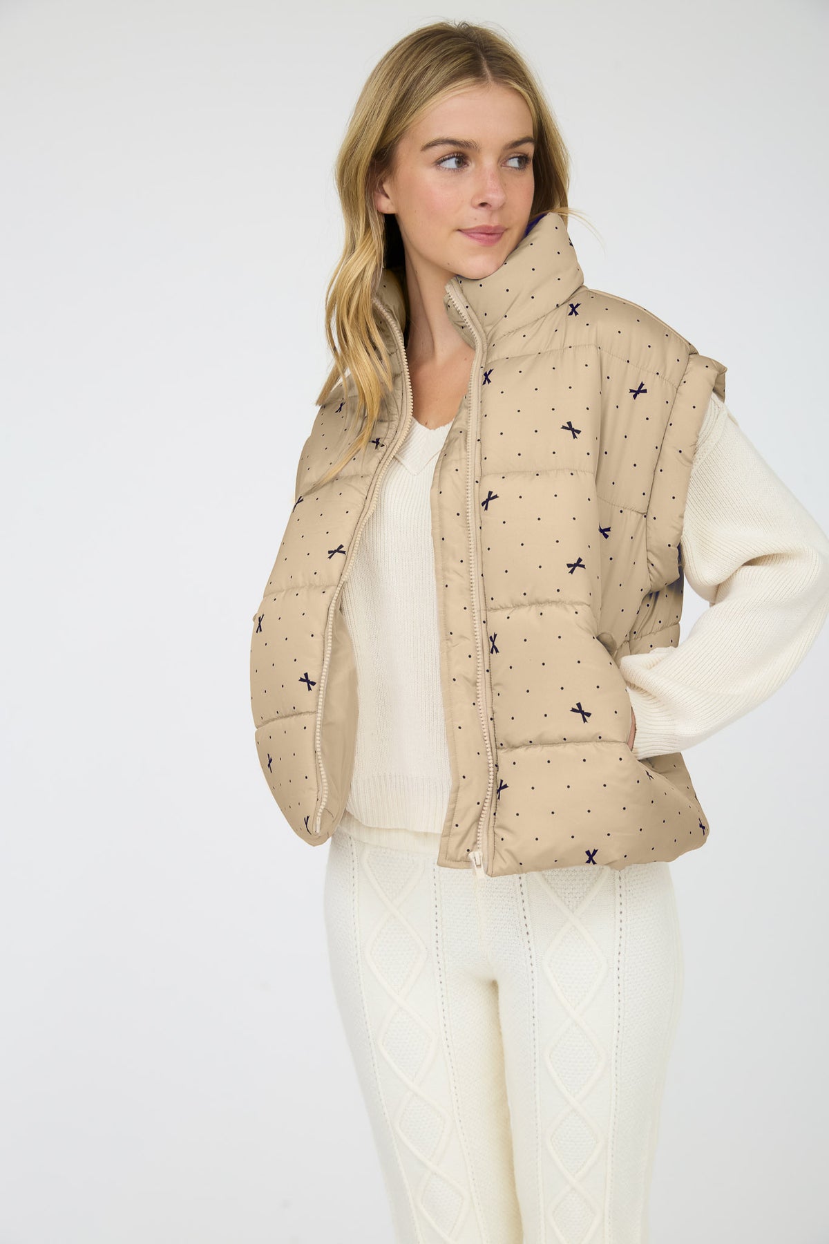 Polka Dot + Bow Puffer Vest | Khaki