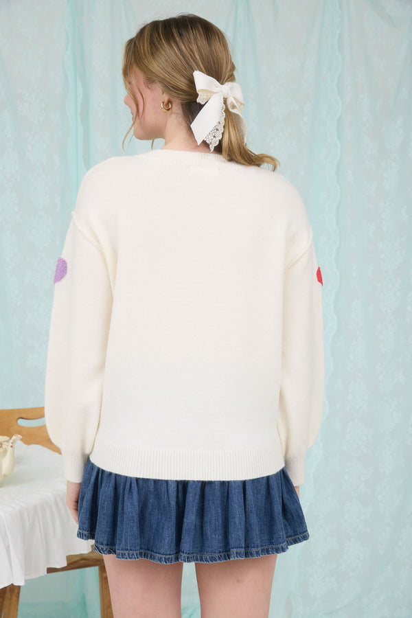 Multicolor Heart Knit Pullover Sweatshirt | Ivory