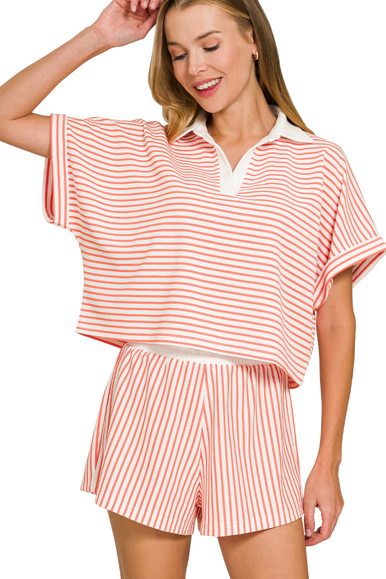 Striped Collared Top+Short Set | Coral