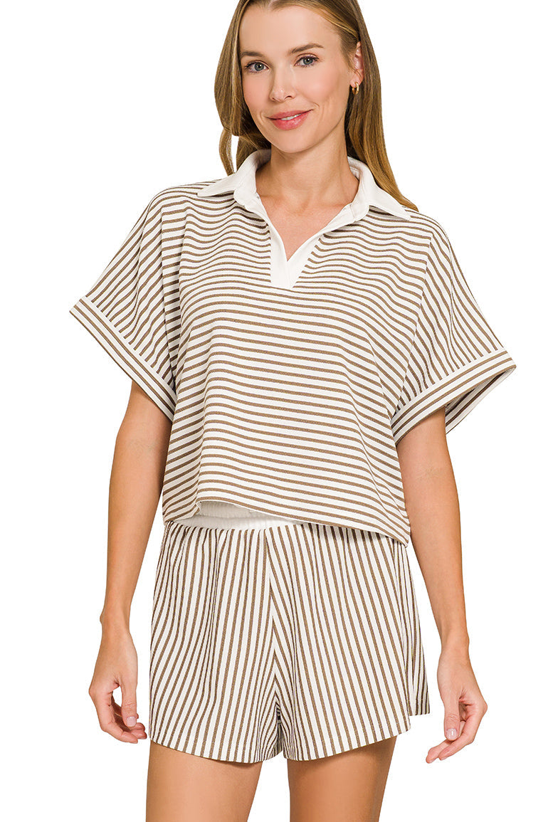 Striped Collared Top+Short Set | Mocha