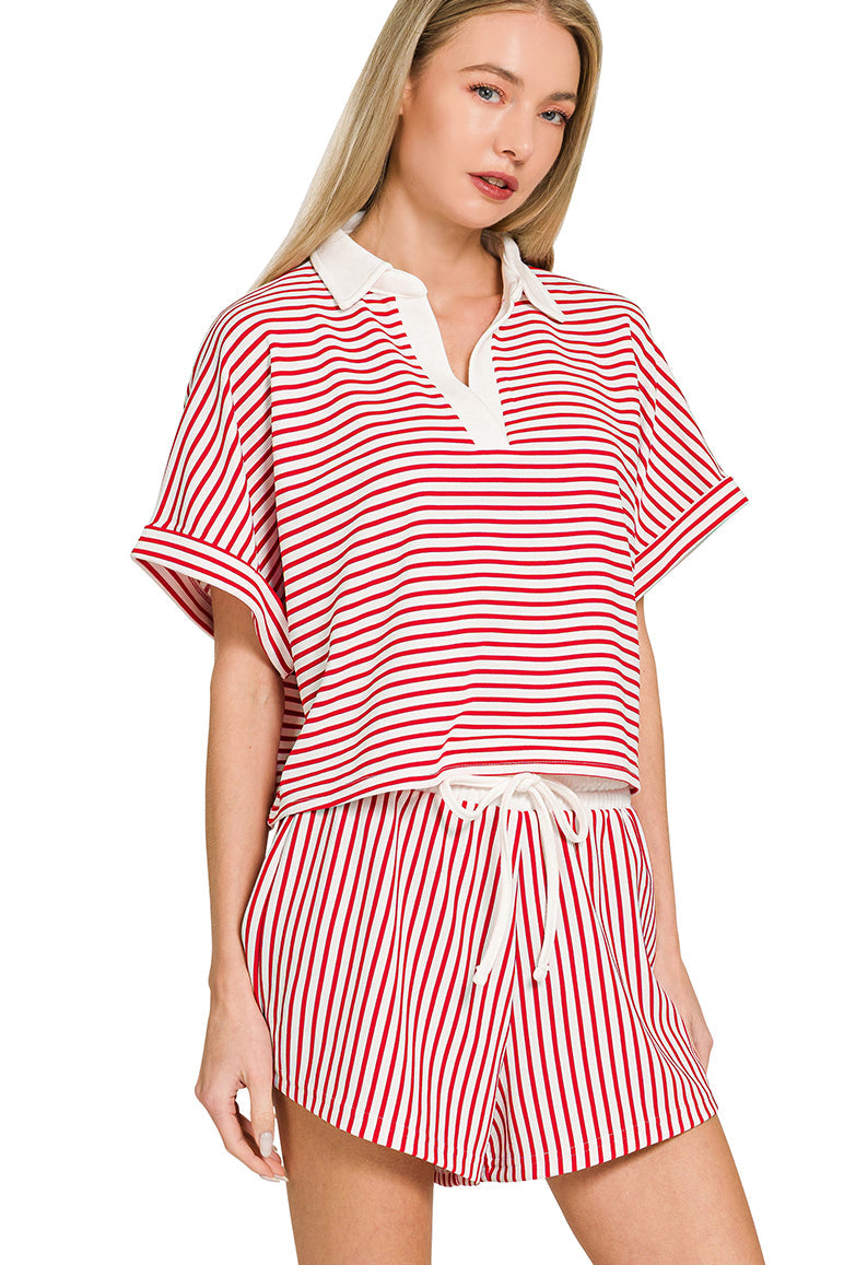 Striped Collared Top+Short Set | Red
