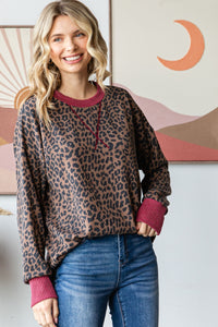 Leopard Ribbed Pullover Top | Burgundy Trim