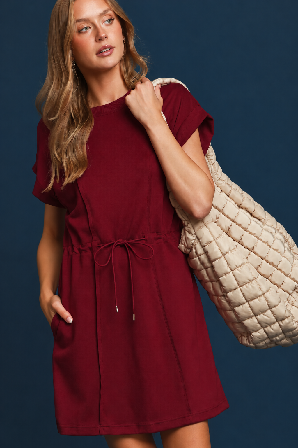 LuxeKnit Drawstring Pleated Dress | Merlot