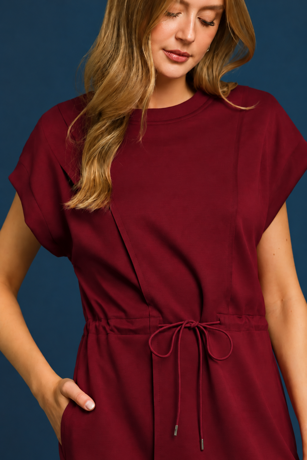 LuxeKnit Drawstring Pleated Dress | Merlot