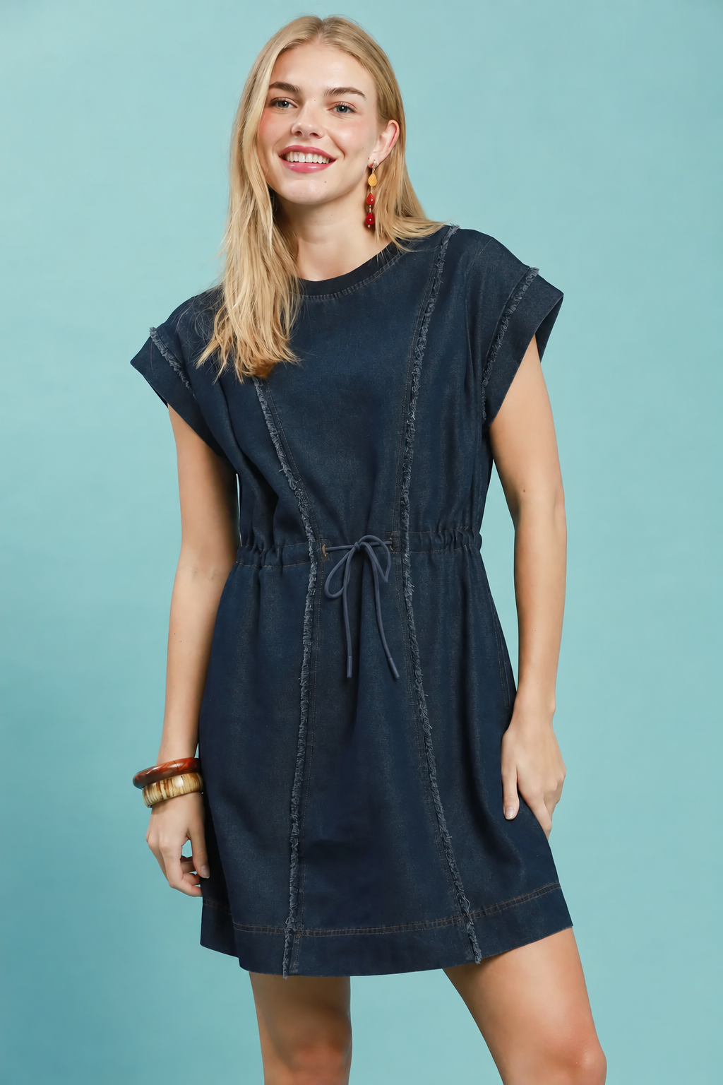 Drawstring Frayed Denim Dress | Dark Wash