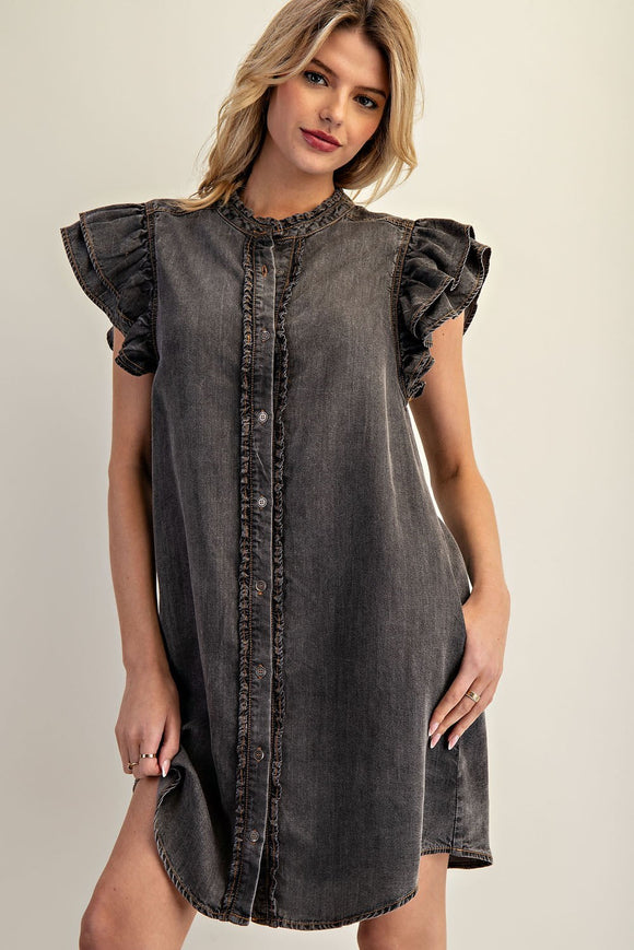 Snow Washed Ruffle Button Denim Dress | Charcoal