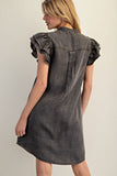 Snow Washed Ruffle Button Denim Dress | Charcoal