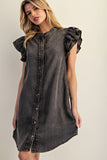Snow Washed Ruffle Button Denim Dress | Charcoal