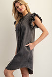Snow Washed Ruffle Button Denim Dress | Charcoal