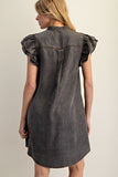 Snow Washed Ruffle Button Denim Dress | Charcoal