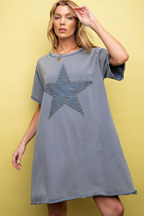 Studded Star Tee Dress | Washed Denim