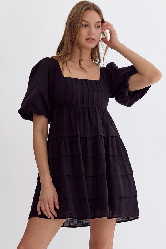 Square Neck Bubble Sleeve Dress | Black