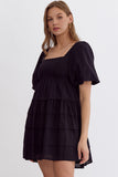 Square Neck Bubble Sleeve Dress | Black