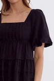 Square Neck Bubble Sleeve Dress | Black