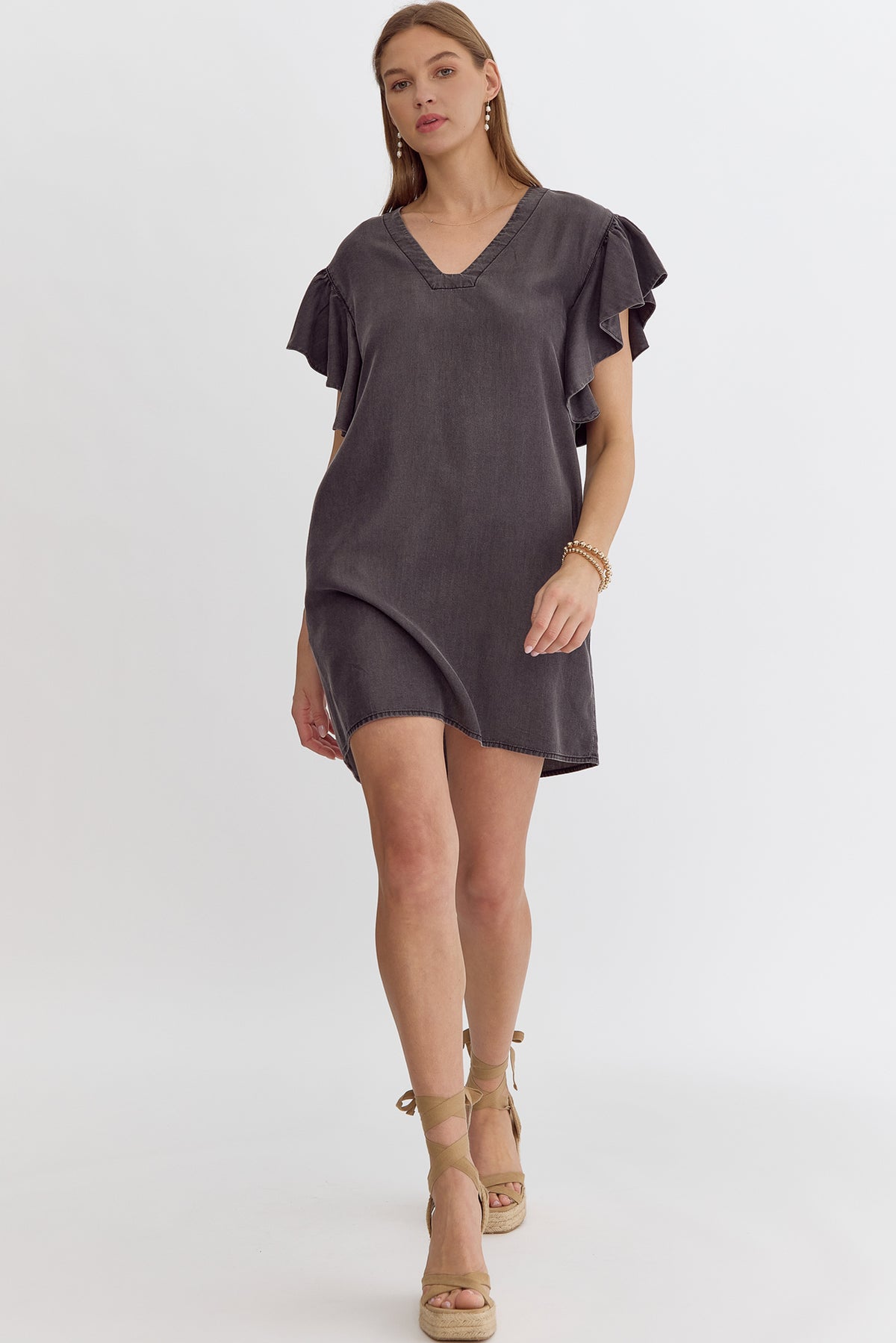 Ruffle Sleeve V-Neck Dress | Black Denim