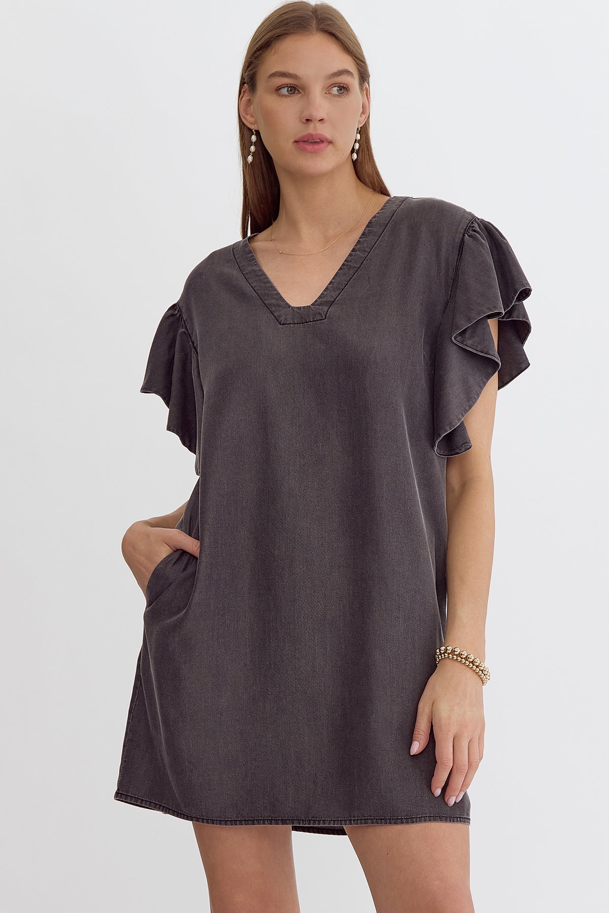 Ruffle Sleeve V-Neck Dress | Black Denim