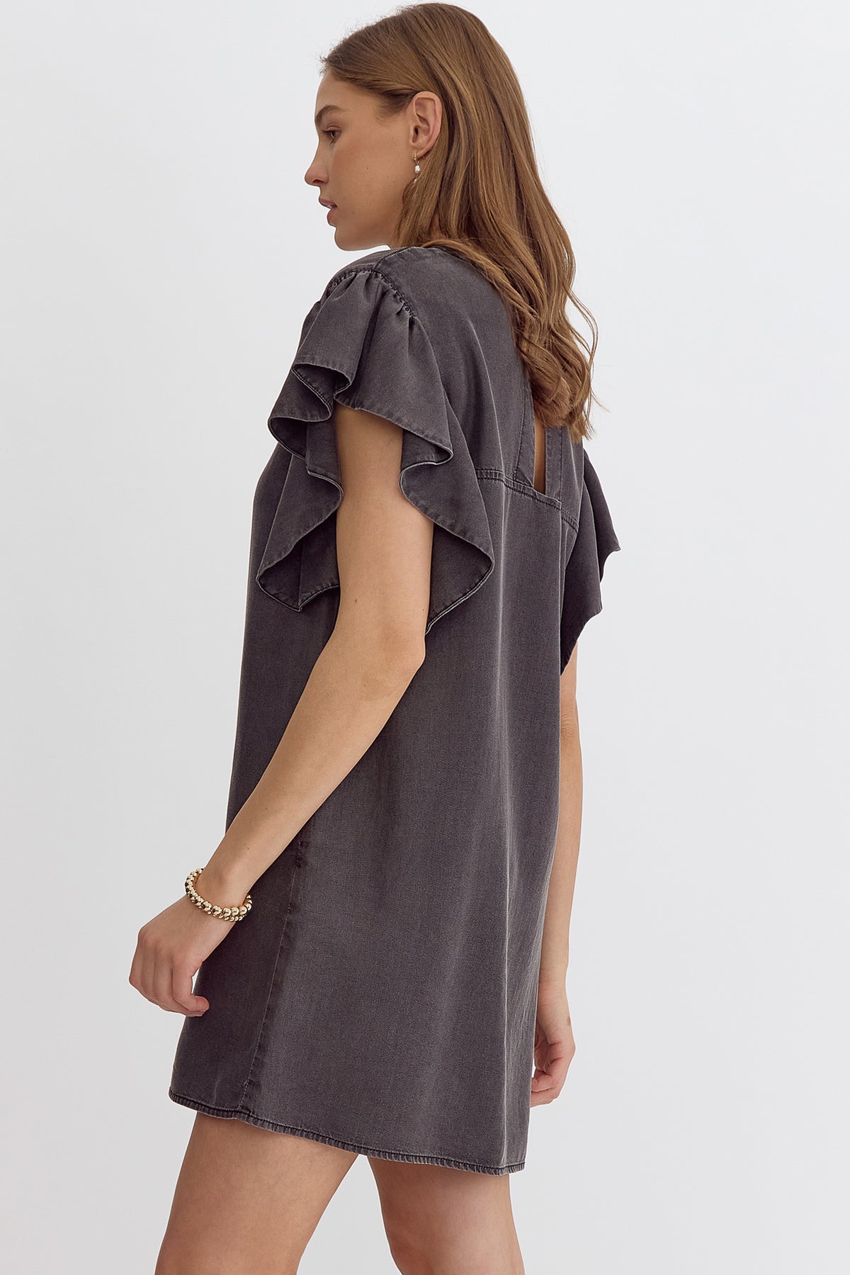 Ruffle Sleeve V-Neck Dress | Black Denim