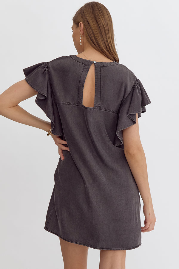 Ruffle Sleeve V-Neck Dress | Black Denim