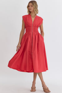 Solid Midi Zip Dress | Red