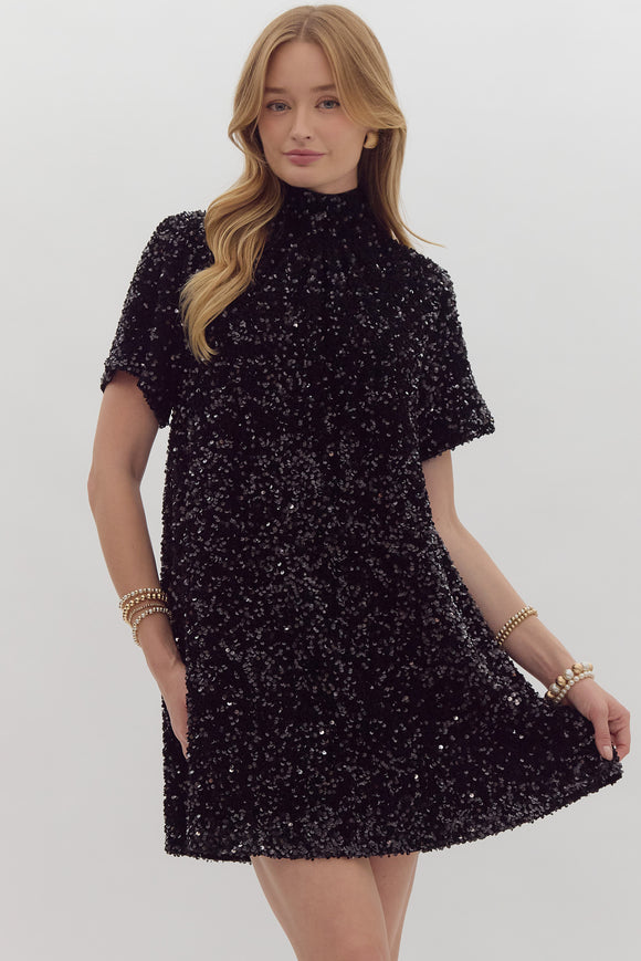 Sequin+Bow Tie Back Party Dress | Black