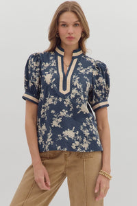 Floral Puff Sleeve Top | Navy