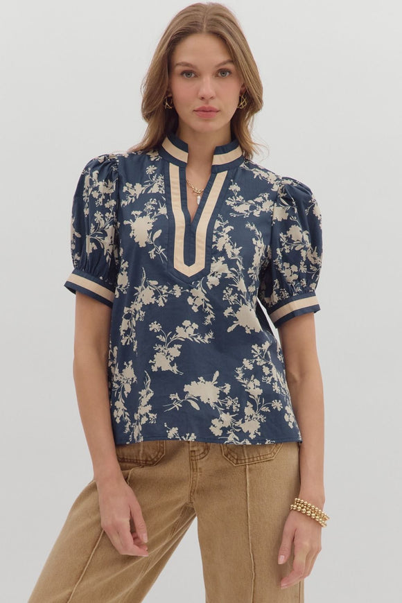 Floral Puff Sleeve Top | Navy