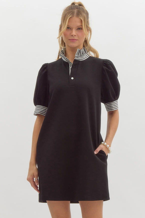 Stripe Ruffle Neck Polo Dress | Black