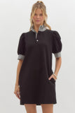 Stripe Ruffle Neck Polo Dress | Black