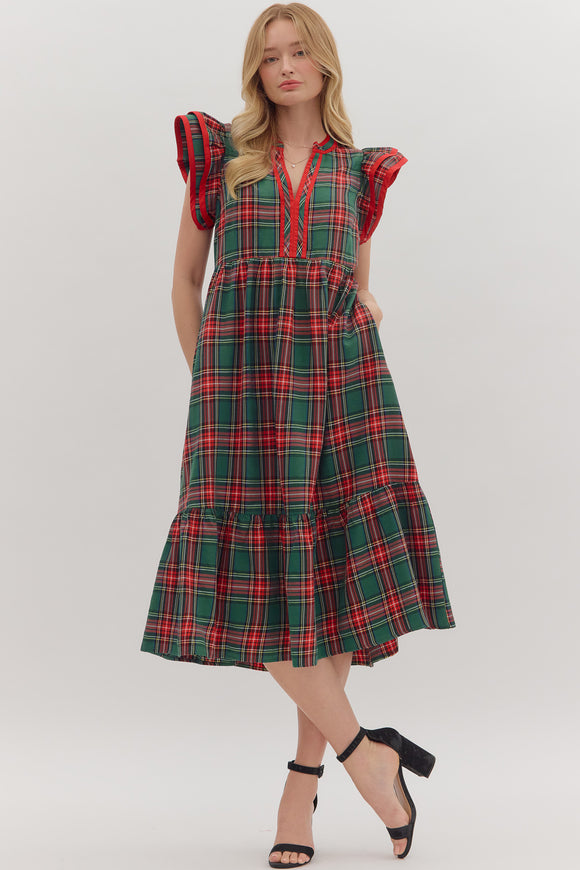 Plaid Flutter Sleeve Midi Dress | Red/Green