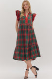 Plaid Flutter Sleeve Midi Dress | Red/Green