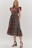 Plaid Flutter Sleeve Midi Dress | Red/Green