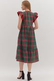 Plaid Flutter Sleeve Midi Dress | Red/Green