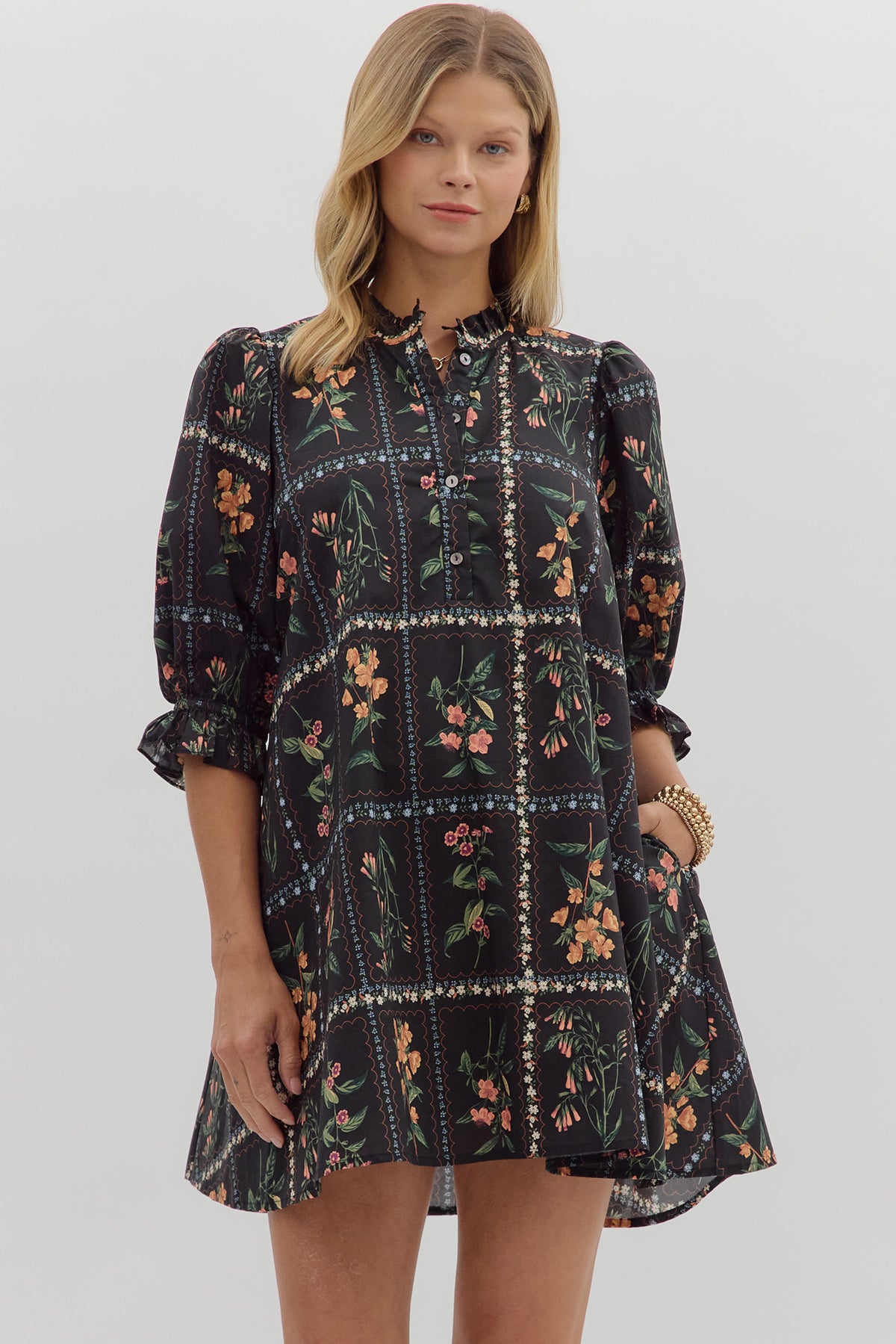Floral Pattern 3/4 Sleeve Dress | Black