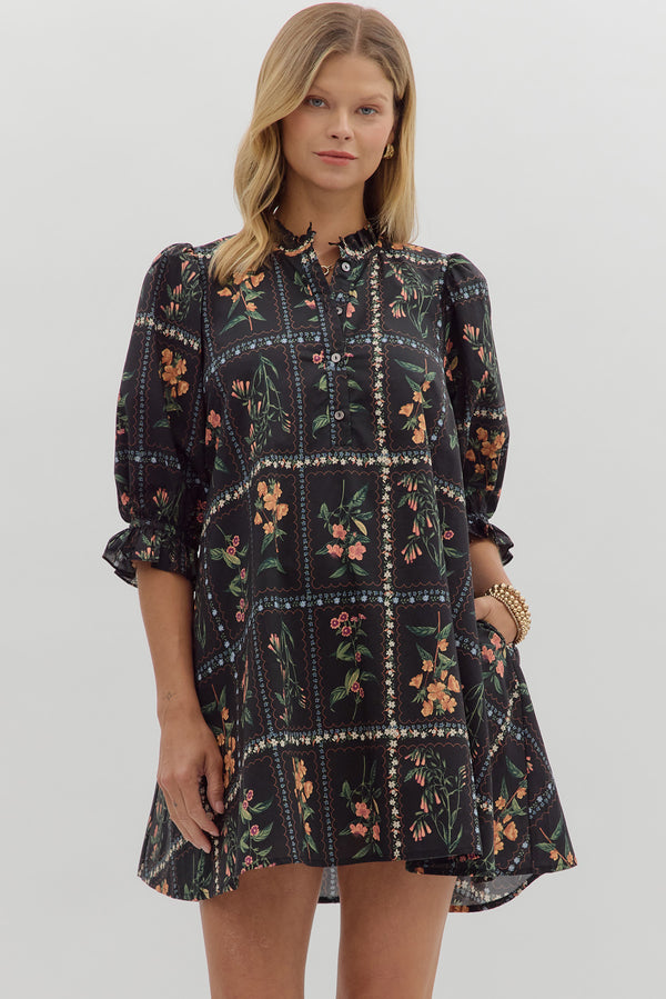 Floral Pattern 3/4 Sleeve Dress | Black