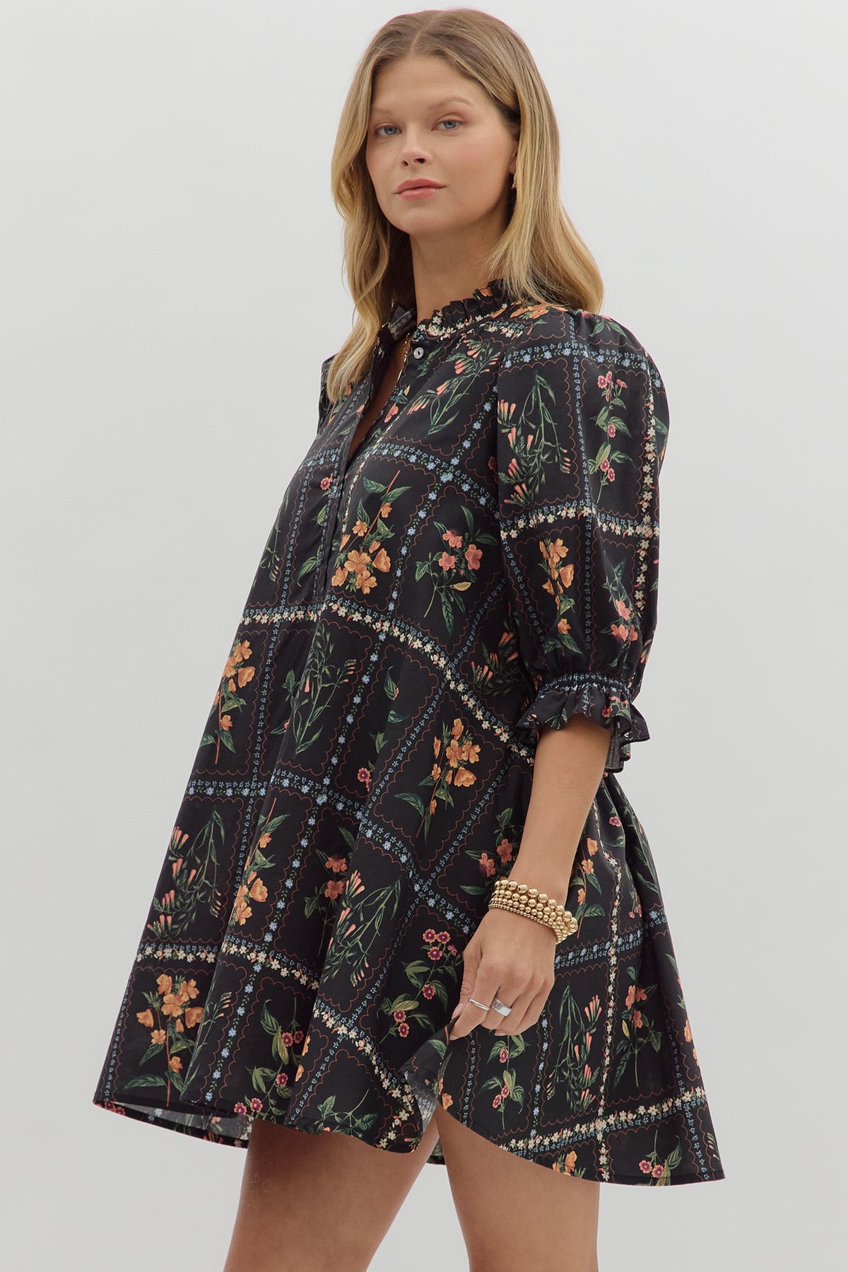 Floral Pattern 3/4 Sleeve Dress | Black